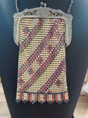 Vintage Whiting & Davis Mesh Purse With Ornate Frame Multi-Color Enamel Pattern